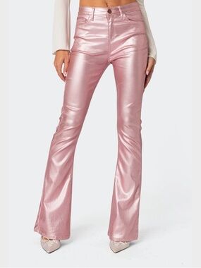 Edikted Metallic Rose Pink Flare Pants